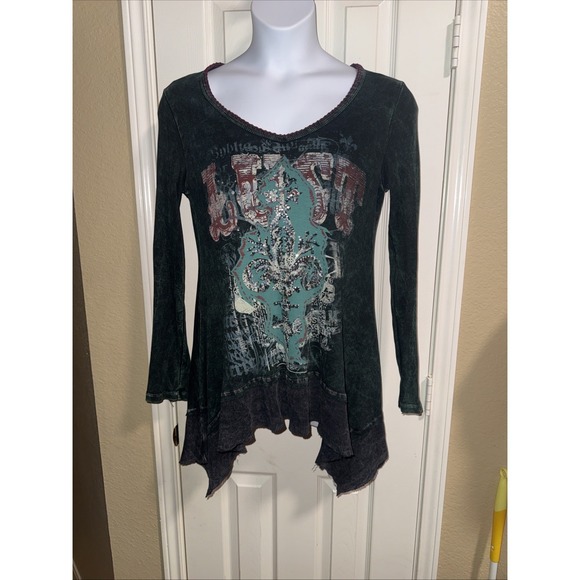 Vocal Tops - Vintage Women's Lust Embelished Dark Green Long Sleeve Tunic Y2K Grunge Fairy